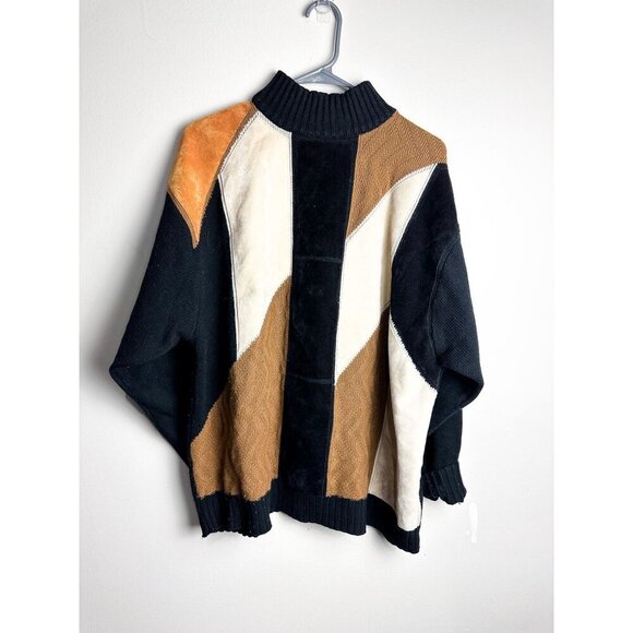 Vintage Patchwork Faux Suede Mock Neck Grandapa Sweater Black Cream Large - Picture 1 of 7